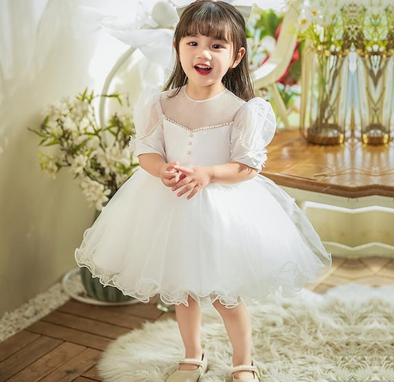 Western Style Tailed Girl Wedding Dress Elegant Crew Neck Baby Princess Gown  Embroidered Kid Beaded Clothing For 10 Year Child