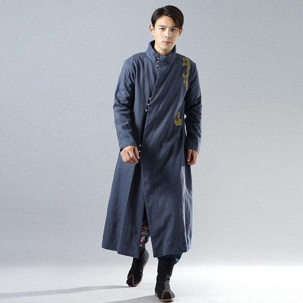 3 couleurs Manteaux longs matelassés pour hommes vestes rembourrées robe ramie robe de moine Vêtements zen Hanfu Tang pour hommes Vestes Kung Fu Qipao vestes