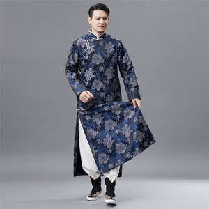 Blue men's coat Wudang robe Hanfu robe monk robe men's Buddhist robe Zen clothing Men long Tang suits Jackets Kung Fu cheongsam long jacket