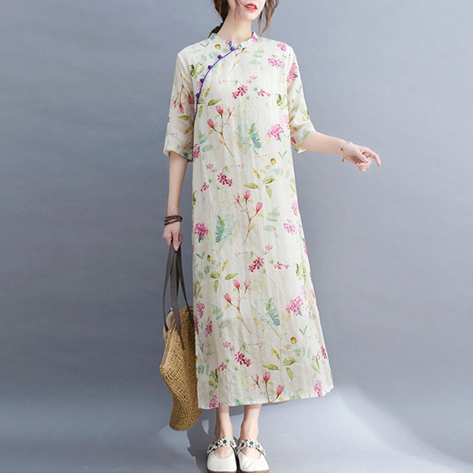 Woman cotton linen dresses fivequarter sleeves standup Etsy