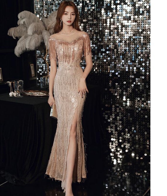 Gold Formal Prom Gown Host Dress Toast Dress Bridal Lawn Wedding