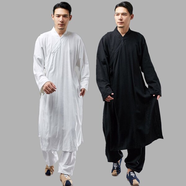 Chinese style Wudang robe Hanfu linen robe monk robe men's Buddhist robe Zen clothing Men long Tang suits shirt Kung Fu Qipao long shirts