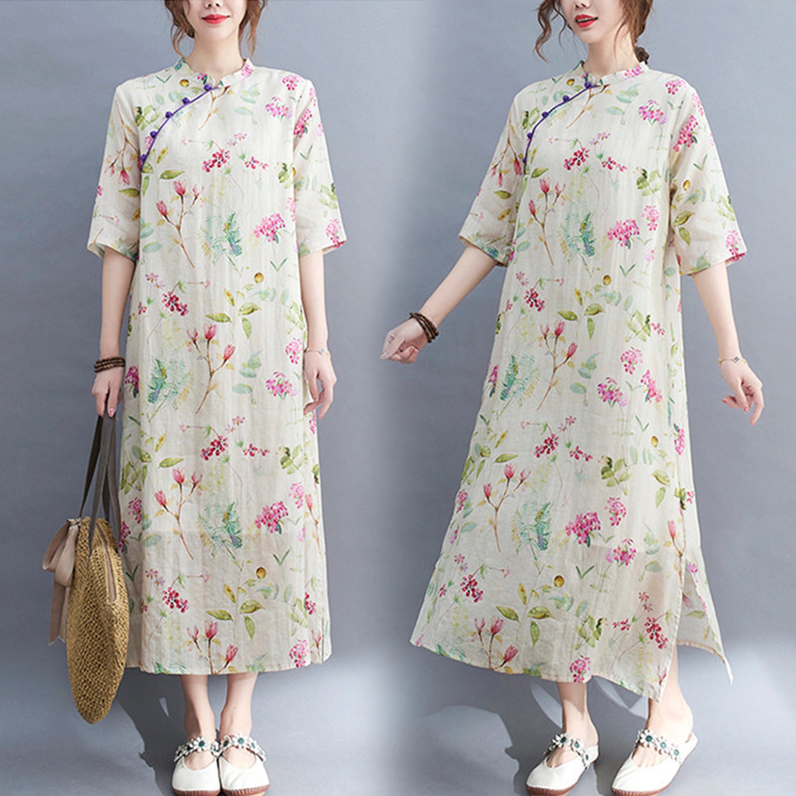 Woman cotton linen dresses fivequarter sleeves standup Etsy