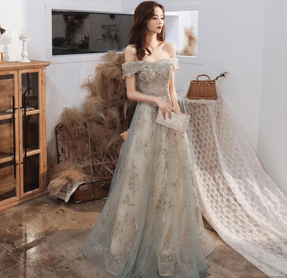 Grey Evening Party Prom Dress Long off Shoulder Ball Gown Beaded