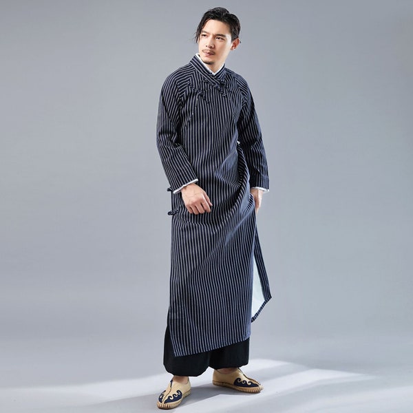 Robe rayée Wudang robe Hanfu robe en lin robe de moine robe bouddhiste pour hommes Vêtements zen Hommes long Tang costumes Vestes Kung Fu Qipao veste longue