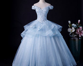 Blue lace formal prom gown Costumes ball gown Banquet dress wedding Bridal dress Bridesmaid dress evening party dress sequins prom gowns