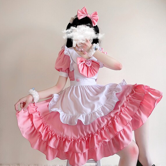 pink maid dress with cat ears Women Sexy Vintage Sweet Girl Pink Lolita Dress Kawaii Cute Maid Uniform Outfit