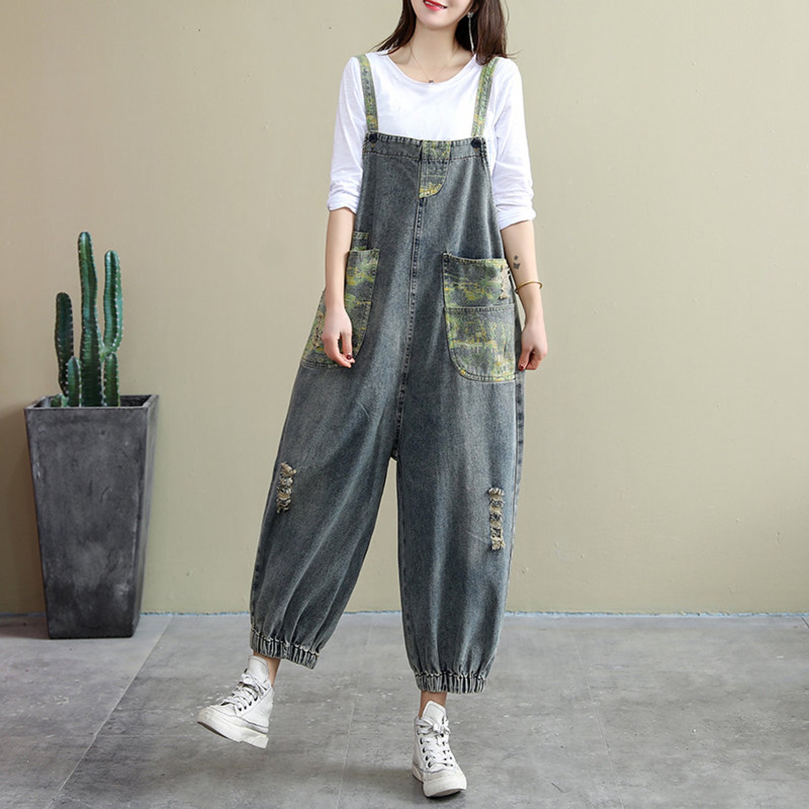 Bib Loose Overalls Printed Jeans Overalls Woman oversize Baggy Etsy