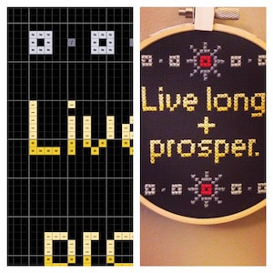 May include: A black and white cross-stitch embroidery hoop with the phrase "Live long and prosper" in yellow thread. The embroidery is surrounded by a border of small red and white stars.