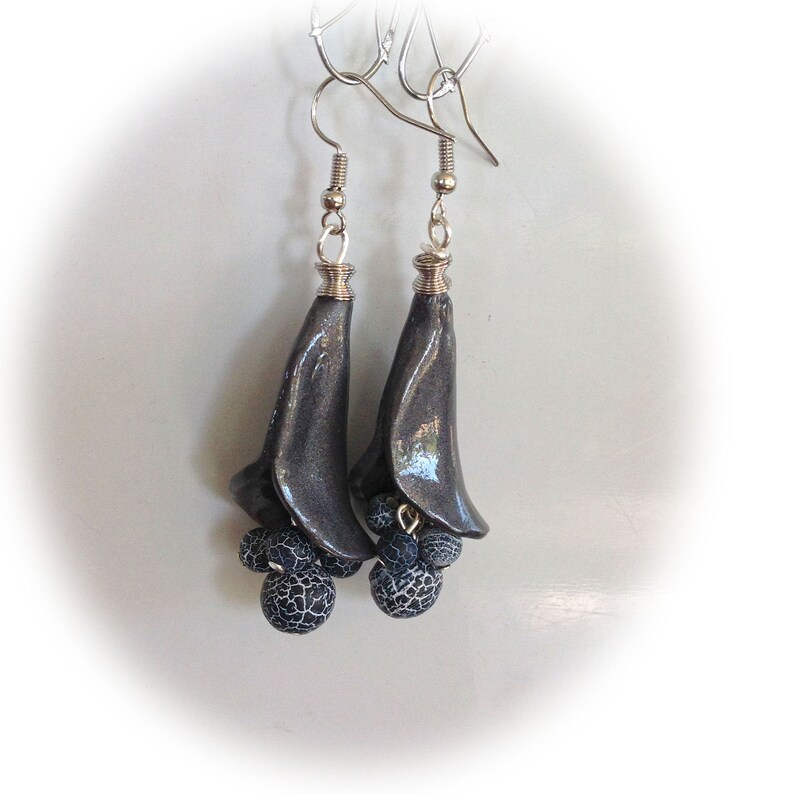 Earrings anthracite conical shape polymer clay
