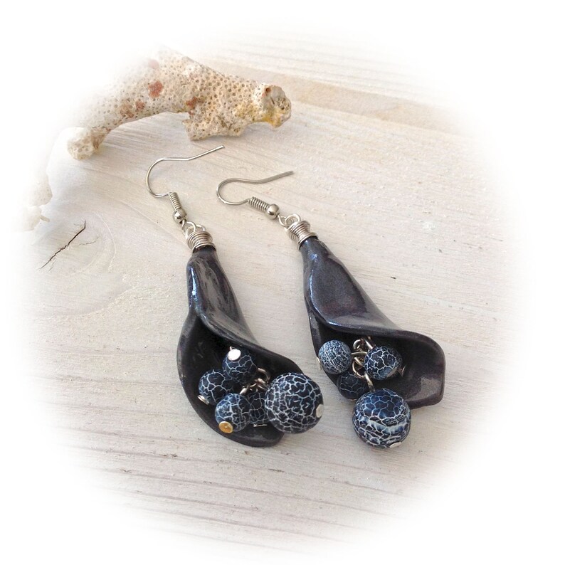 Earrings anthracite conical shape polymer clay