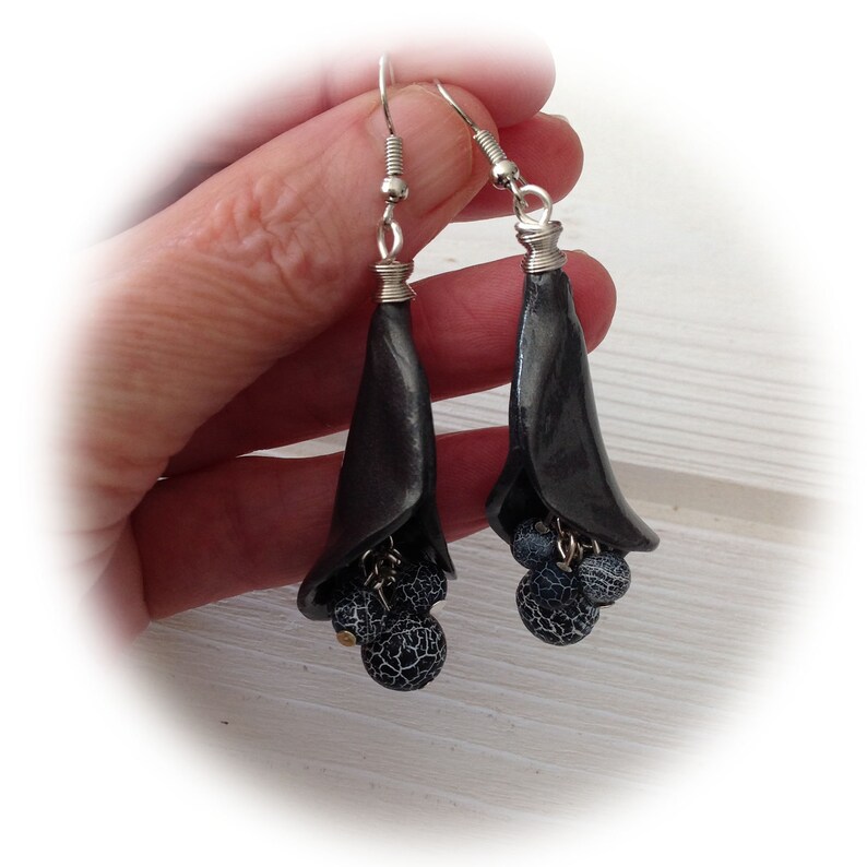 Earrings anthracite conical shape polymer clay