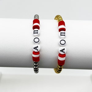 Alpha O Micron Pi Perlen Armband, Sorority griechischen Buchstaben Armband, Heishi Perlenarmbänder, Alpha Omicron Pi Sorority Geschenke, Big Lil