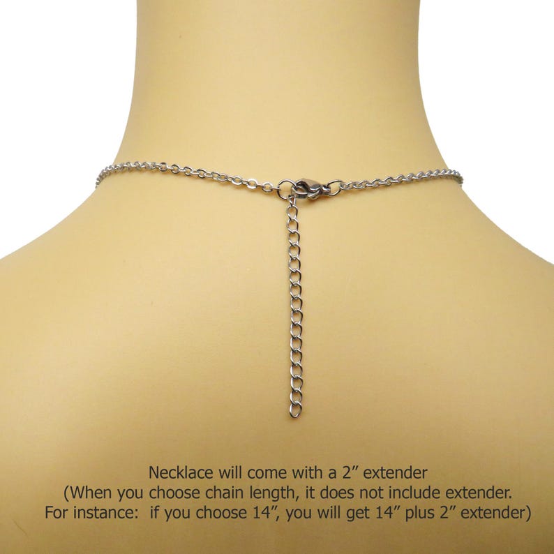 May include: A silver-colored necklace with an extender chain is shown from the back. The necklace is on a mannequin. The extender chain is approximately 2 inches long. The text in the image says the necklace will come with a 2" extender.