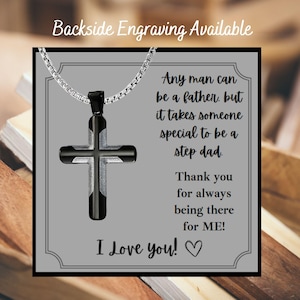 Speciale stiefvader kruisketting met tekstkaartje, religieuze kruisketting zwart op roestvrij staal, waterdichte kruisketting