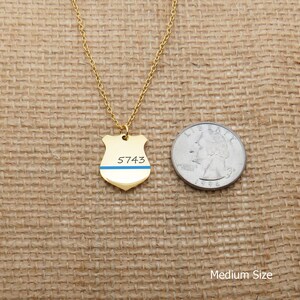 May include: Gold necklace with a thin blue line and a shield pendant engraved with the number 5743. The pendant is about the size of a UK 20 pence coin.