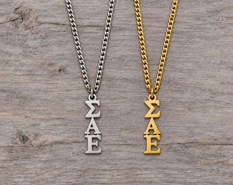 Sigma Alpha Epsilon Necklace, Stainless Steel Greek Letter Pendant, ΣΑΕ Fraternity Jewelry,