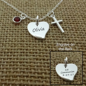 First Communion Heart Gift for Girls, Holy Communion Jewelry Kids, Confirmation Gift, Cross Name Date Necklace