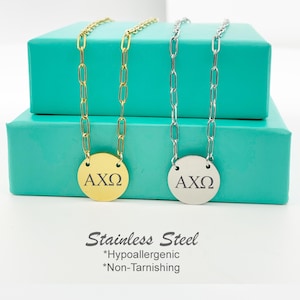 Alpha Chi Omega Necklace, Sorority Necklace, Alpha Chi Omega Circle Disc Necklace, Big Little Reveal Gift, Alpha Chi, A Chi O, AXO, ΑΧΩ