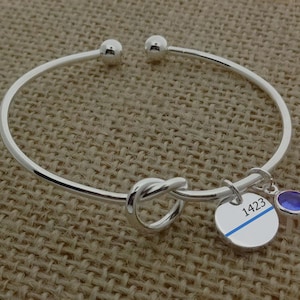 Thin Blue Line Bracelet, Love Knot Blue Line Bracelet, Back the Blue Bracelet, Law Enforcement Badge Number Bracelet with Birthstone