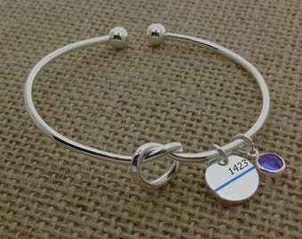 Thin Blue Line Bracelet, Love Knot Blue Line Bracelet, Back the Blue Bracelet, Law Enforcement Badge Number Bracelet with Birthstone