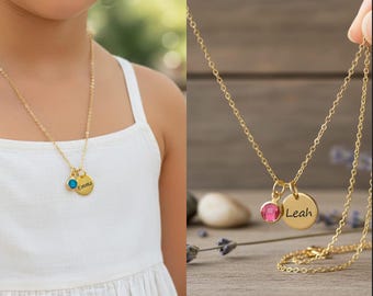 Child Girl Necklace, Personalized Kid Necklace, Daughter Necklace, Custom Girl Jewelry, Little Girl Jewelry, Round Disc Birthstone Necklace