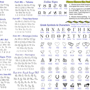 May include: A reference sheet displaying various fonts, Greek symbols, and zodiac signs. The sheet includes examples of each font, along with numbers and letters. It also provides instructions for engraving.