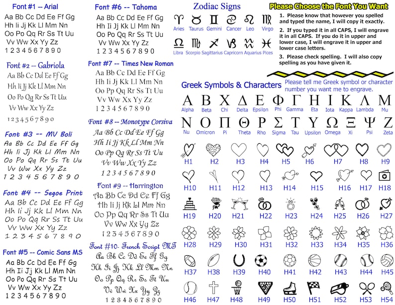 May include: A reference sheet displaying various fonts, Greek symbols, and zodiac signs. The sheet includes examples of each font, along with numbers and letters. It also provides instructions for engraving.