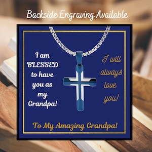 Collier croix To My Amazing grandpa avec carte, collier croix religieuse bleu sur acier inoxydable, collier croix waterproof