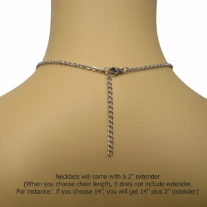 May include: A silver chain necklace with a 2-inch extender. The necklace is shown on a model's neck. "Necklace will come with a 2" extender (When you choose chain length, it does not include extender. For instance: if you choose 14", you will get 14" plus 2" extender)"