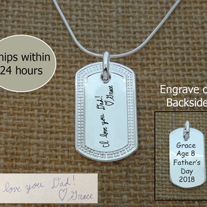 Actual Handwriting Necklace, Father&#39;s Day Gifts for Dad, Handwriting Jewelry, Personalized Dog Tag Necklace, Signature Necklace