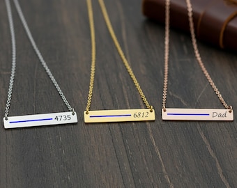 Thin Blue Line Bar Necklace, Police Wife, Back the Blue Necklace, Personalized Law Enforcement Badge Number Necklace, Deputy Wife Necklace