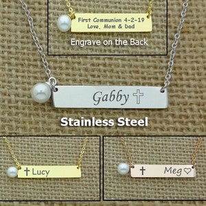 First Communion Necklace for Girls, Holy Communion Jewelry Kids, Confirmation Gift, Cross Bar Necklace, First Communion Bar Necklace