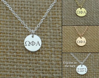 Dainty Omega Phi Alpha  Round Disc Necklace, Omega Phi Alpha Choker, Sorority Jewelry, Sorority Gift Idea, Sorority Little Big Gift Idea