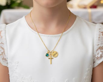 First Communion Gift for Girls, Holy Communion Jewelry Kids, Confirmation Gift, Cross Name Date Necklace