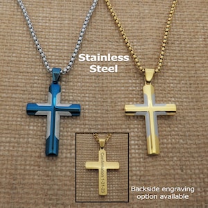 Boys Men Cross Necklace, Religious Cross Jewelry, Boy Men Religious Gift, Cross Name Date Necklace, Waterproof Cross Necklace for Men Boys