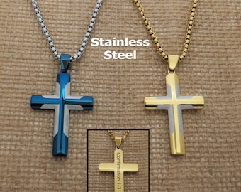 Boys Men Cross Necklace, Religious Cross Jewelry, Boy Men Religious Gift, Cross Name Date Necklace, Waterproof Cross Necklace for Men Boys