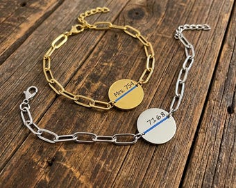 Thin Blue Line Paperclip Bracelet, Police Wife, Back the Blue Bracelet, Personalized Law Enforcement Badge Number Bracelet, Deputy Wife
