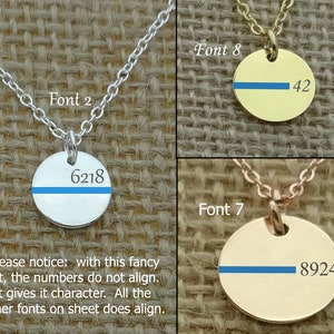 May include: Three silver, gold, and rose gold necklaces with round pendants. Each pendant has a thin blue line across the center and a number printed on the bottom. The necklaces are labeled with the font numbers 2, 8, and 7. The text "Please notice: with this fancy font, the numbers do not align. It gives it character. All the other fonts on sheet does align." is printed below the necklaces.