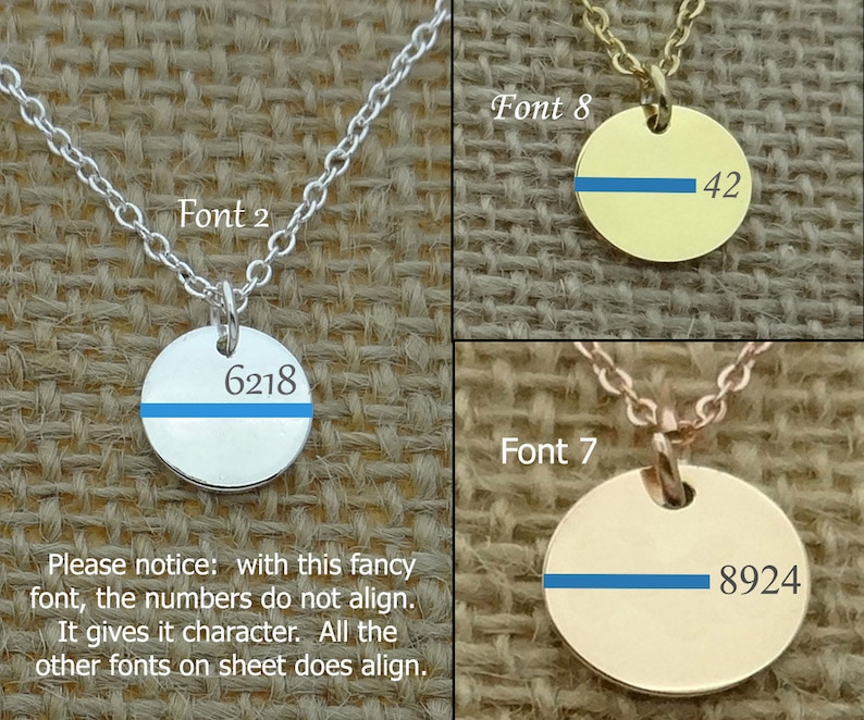 May include: Three silver, gold, and rose gold necklaces with round pendants. Each pendant has a thin blue line across the center and a number printed on the bottom. The necklaces are labeled with the font numbers 2, 8, and 7. The text "Please notice: with this fancy font, the numbers do not align. It gives it character. All the other fonts on sheet does align." is printed below the necklaces.