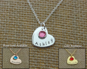 Child Girl Necklace, Personalized Kid Necklace, Daughter Necklace, Custom Girl Jewelry, Little Girl Jewelry, Heart Necklace, Birthstone Gift