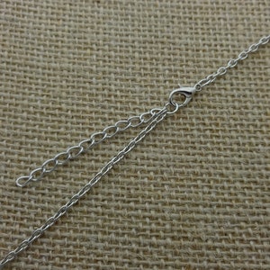 May include: A silver-colored necklace with a delicate chain and a lobster clasp. The necklace has an adjustable chain, allowing for a customized fit. The chain is displayed against a neutral, textured background.