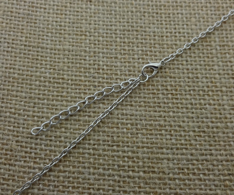 May include: A silver-colored necklace with a delicate chain and a lobster clasp. The necklace has an adjustable chain, allowing for a customized fit. The chain is displayed against a neutral, textured background.