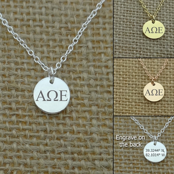 Dainty Alpha Omega Epsilon Round Disc Necklace, Alpha Omega Epsilon Choker, Sorority Jewelry, Sorority Gift Idea, Sorority Little Big Gift