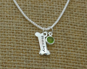 Personalized Dog Bone Necklace with Gemstone,  Pet Necklace Jewelry, Dog Charn Necklace, Dog Lover Necklace Pendant