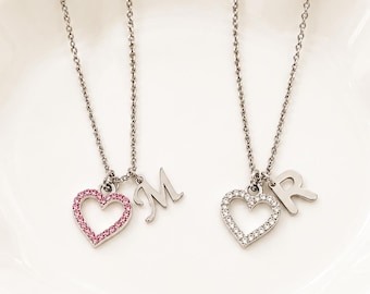 Initial Necklace with Crystal Heart, Personalize Letter Jewelry, Flower Girl Gift