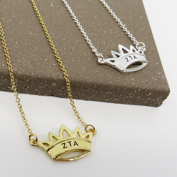 Zeta Tau Alpha Crown Necklace ZTA Greek Sorority Lavalier Floating Necklace Lavalier Necklace Drop