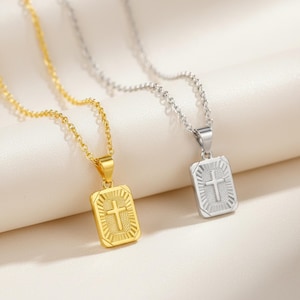 Cross Necklace, Religious Medallion Necklace, Rectangular Spiritual Jewelry, Personalized Name Date Backside of Pendant, Waterproof