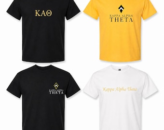 May include: Four short-sleeve t-shirts in black, yellow, and white. The top left black shirt features gold Greek letters KAO. The top right yellow shirt displays a black diamond logo and Kappa Alpha Theta text. The bottom shirts show variations.