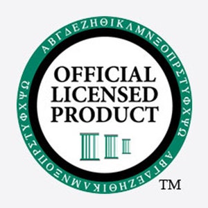 May include: A green circle with black text that reads "OFFICIAL LICENSED PRODUCT" and a trademark symbol. The circle is surrounded by a ring of Greek letters.